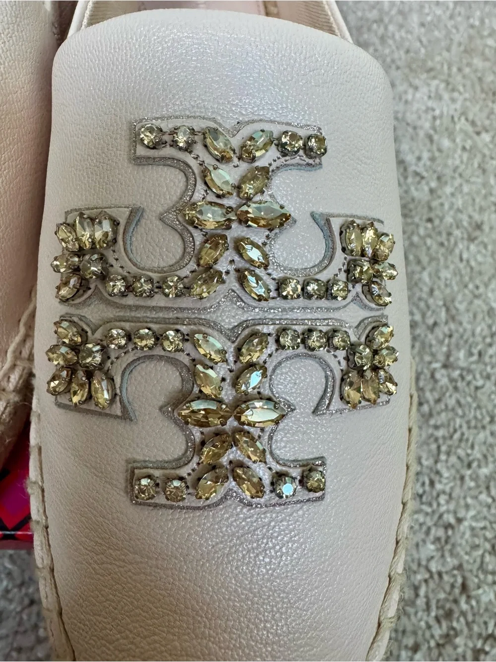 BRAND NEW Tory Burch Light Rose Leather Crystal-Embellished Espadrille Slip-Ons